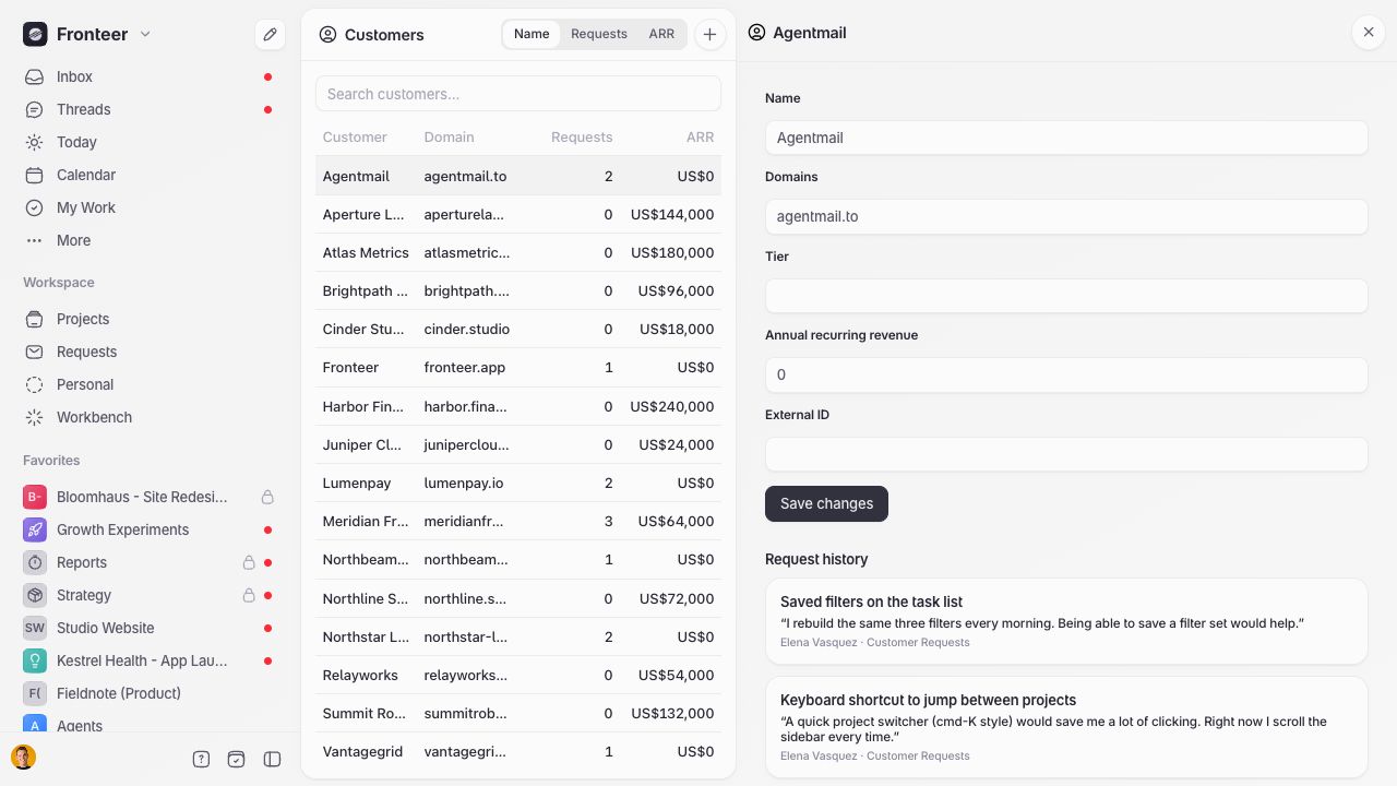 The Customers list and an inline customer detail panel showing request history.