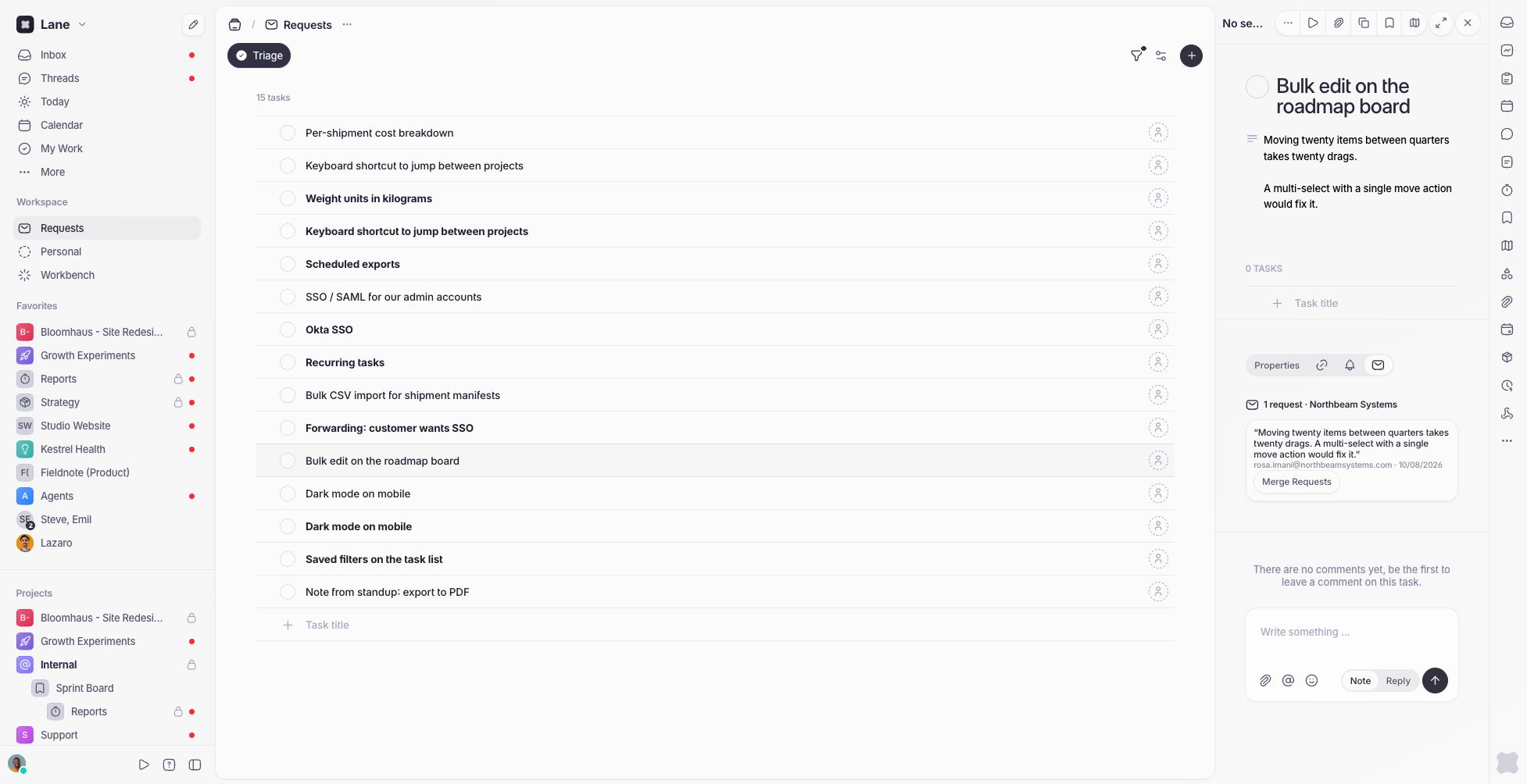 A task in the Requests project showing its attached customer request and original quote.