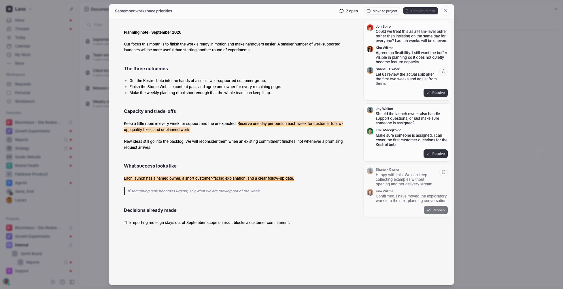 A document with three comment threads in the side panel, one anchored to highlighted text.
