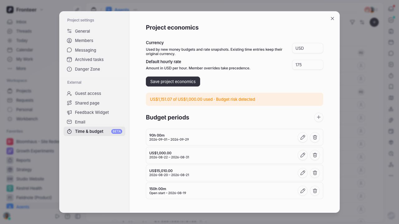 Project settings showing the project currency, default hourly rate, budget usage, and budget periods.