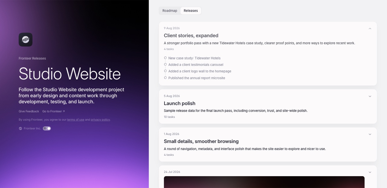 A public Lane shared page showing the published Studio Website release feed.
